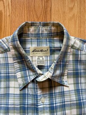 Vintage Eddie Bauer Blue, White & Green Plaid Short-Sleeve Button-Up XL